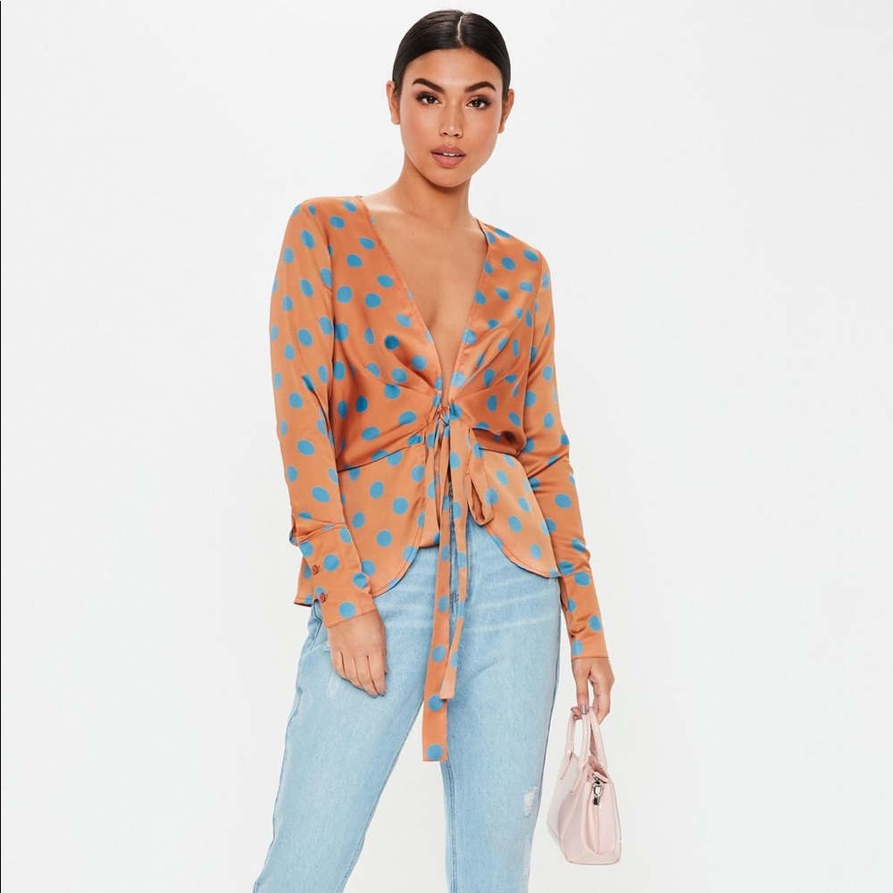 Rust polka dot tie front plunge blouse